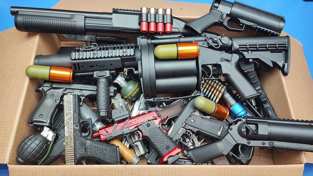Airsoft grenade launcher ! Pump Shotgun Military Weapon & Equipment / Box of Toys !